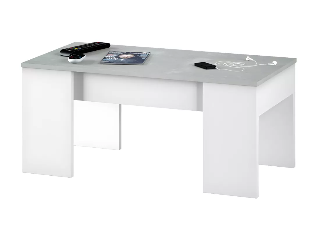 Table basse modulable coloris Blanc Artik / Ciment en mélamine avec plateau - Dim : 45 x 100 x 50 cm