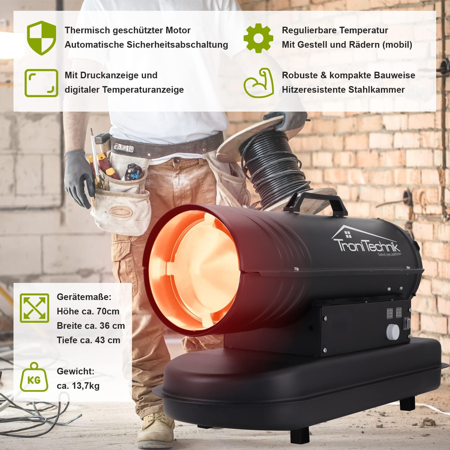 Tronitechnik® Heizkanone Dieselheizgebläse Dieselheizer 20kW Diesel betriebener Heißluftgenerator Heizgerät Bauheizer Heizer mit 19l Tank, Digitale Temperaturanzeige, Überhitzungsschutz