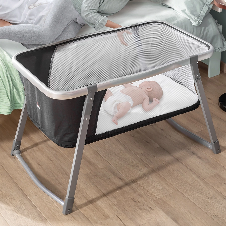 HOMCOM Kinderreisebett mit Schaukelmodus grau, schwarz