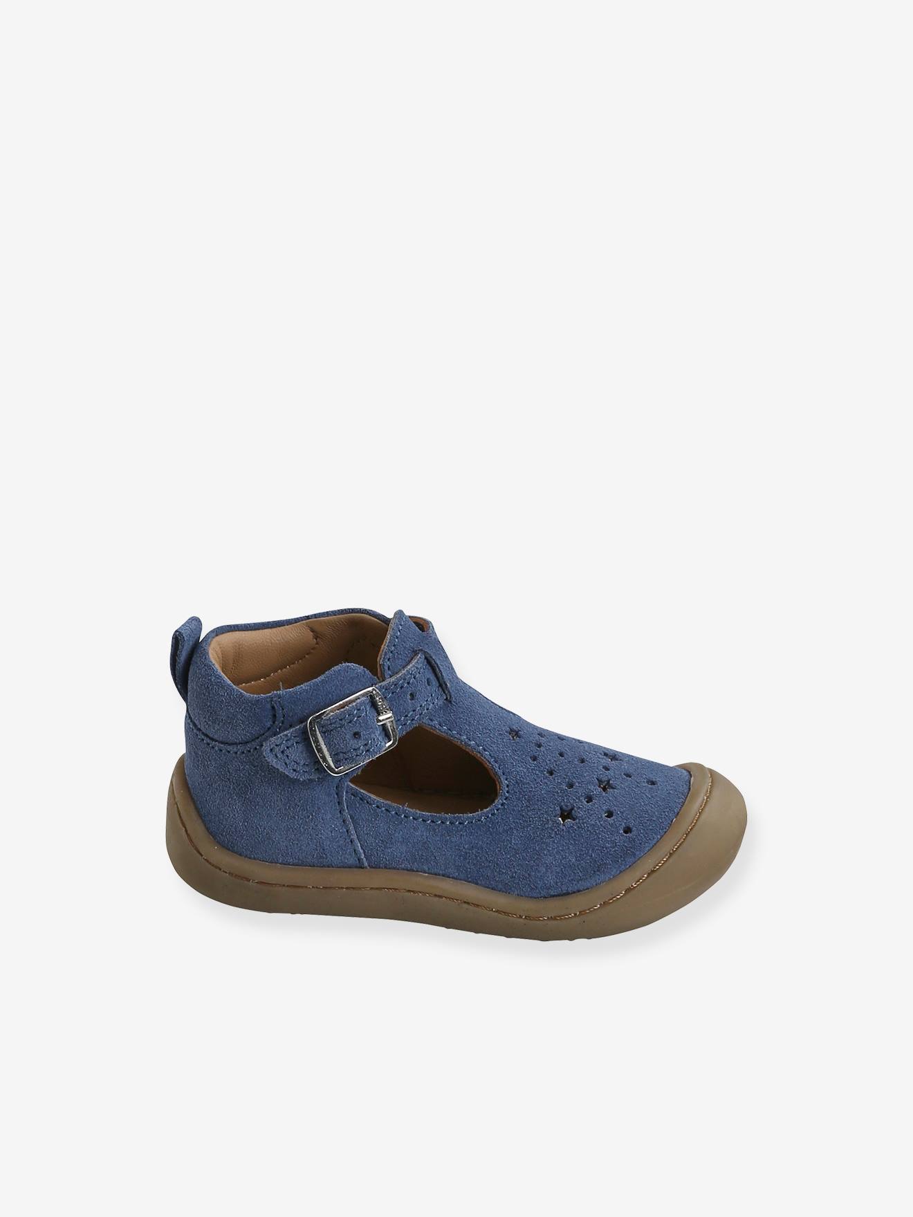 Sandálias de couro flexíveis para bebês, especialmente desenhadas para engatinhar, jeans azul.