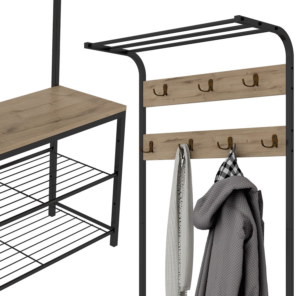 Vicco Garderobe Fyrk, 70 x 190 cm, Eiche Schwarz, Ablage, Bank & Schuhregal, Industrial