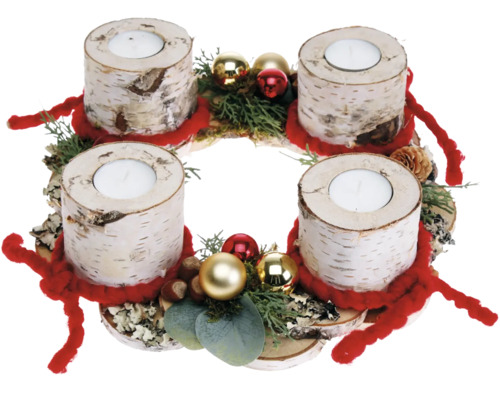 Adventskrans, tafeldecoratie, Ø 30 cm, H ca. 10 cm, krans van berkenplakjes, incl. 4 waxinelichtjes, rode decoratie