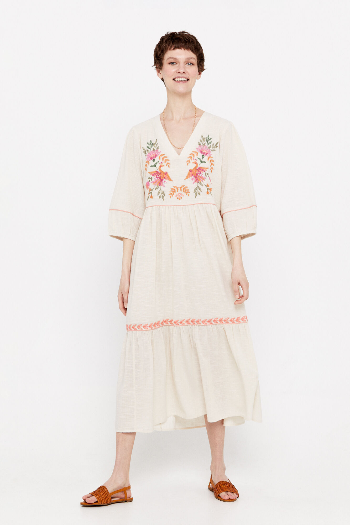 Vestido de algodão com borda - Bege
