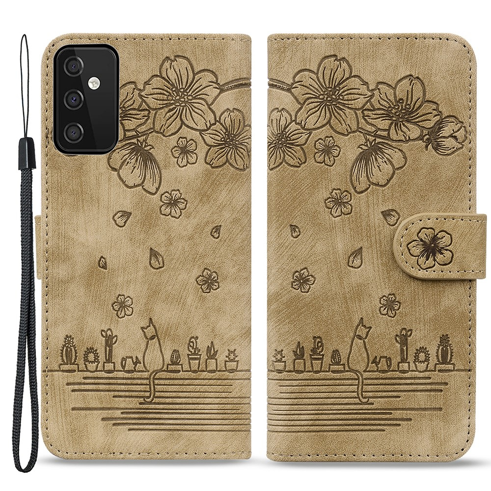 Samsung Galaxy A54 5G Leder Tasche Flip Cover Katze & Blumen Imprint - Braun