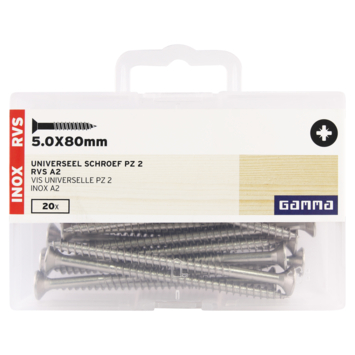 GAMMA schroef universeel platkop RVS 5.0x80 mm 20 stuks