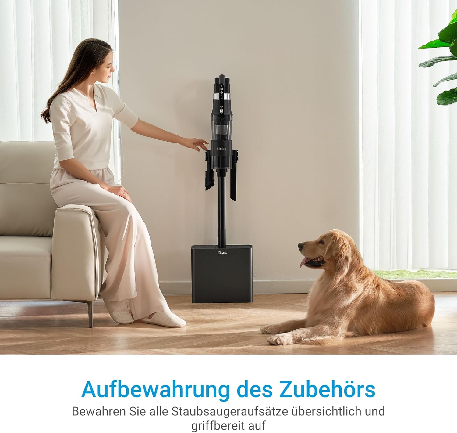 Midea Akku-Staubsauger mit Absaugstation | 350W, bis zu 60 Min Laufzeit | Selbstentleerung, Anti-Tangle Bürste, LED-Düse | HEPA-Filter, Allergiker geeignet | Wechselbarer Akku, Kabellos, Schwarz