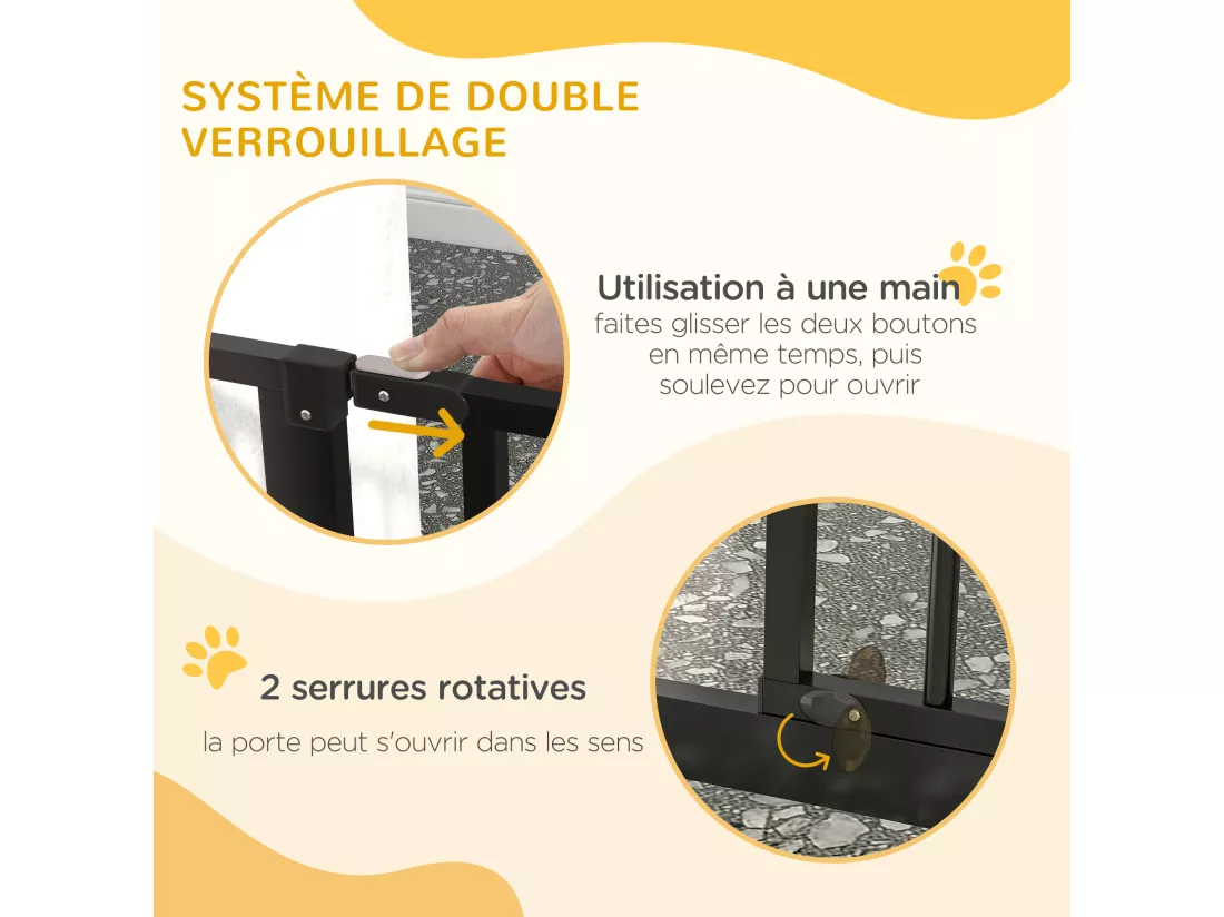 Barrière de sécurité animaux - longueur réglable dim. 75-145 cm - porte double verrouillage, ouverture double sens -sans perçage - acier ABS noir