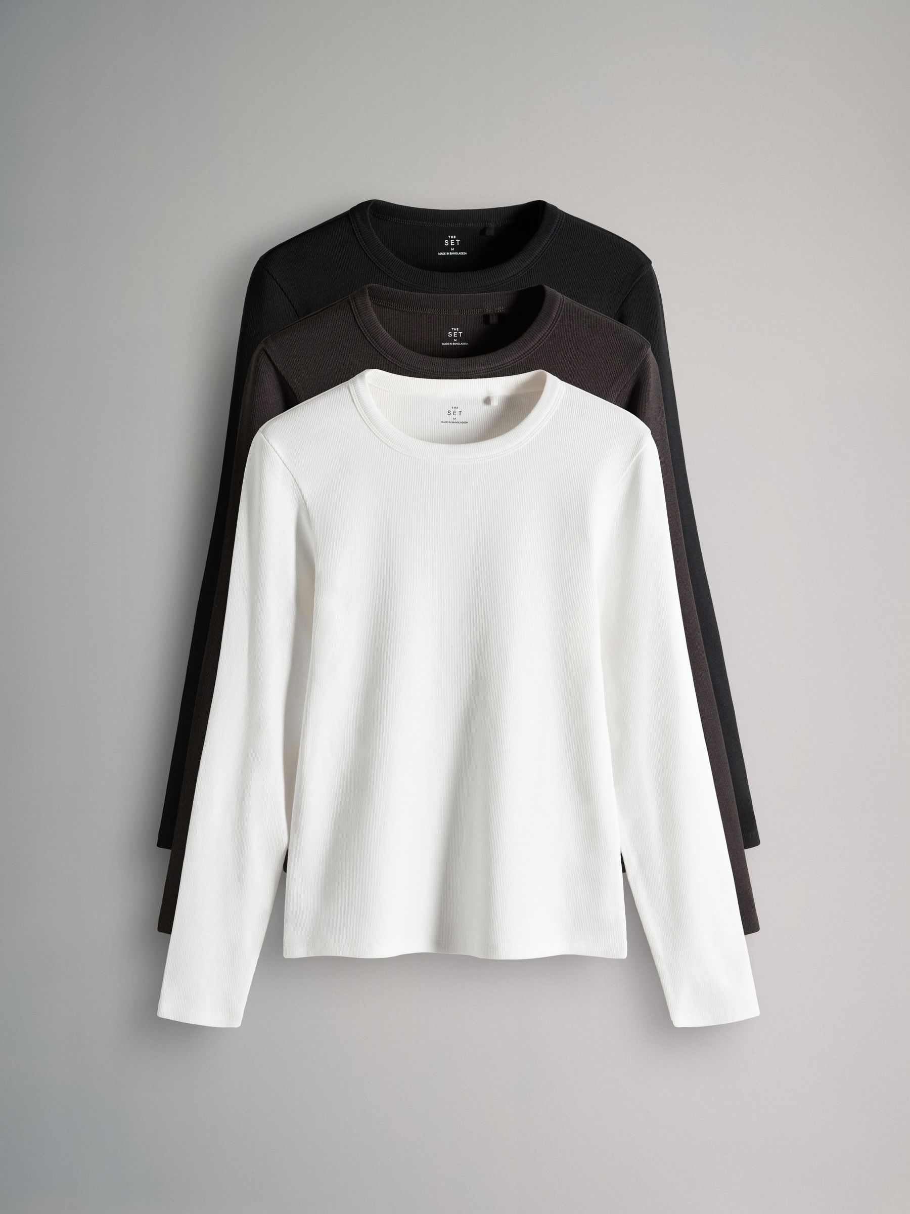 Zwart/chocoladebruin/crème - The Set van 3 geribbelde T-shirts met lange mouwen