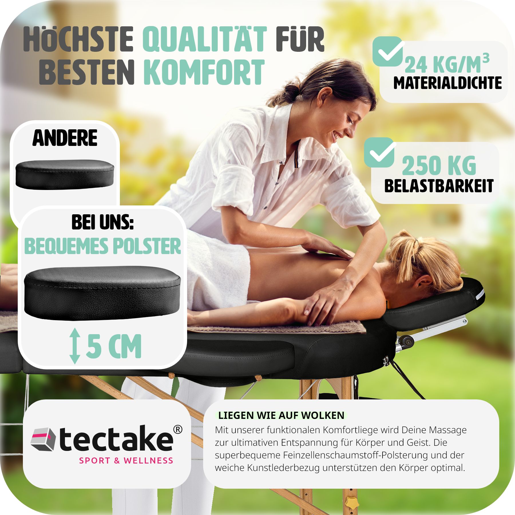 tectake® 3 Zonen Massageliege, oval, Polsterung 5 cm, mit Holzgestell, verstellbare Ablagen für Kopf und Arme, 230 x 104 x 62,5 - 85 cm