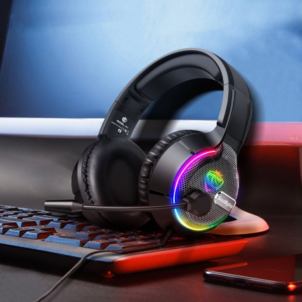 Gaming USB Kopfhörer Over-Ear LED Stereo Headset mit Mikrofon   3.5mm Klinken und RGB Beleuchtung - Schwarz