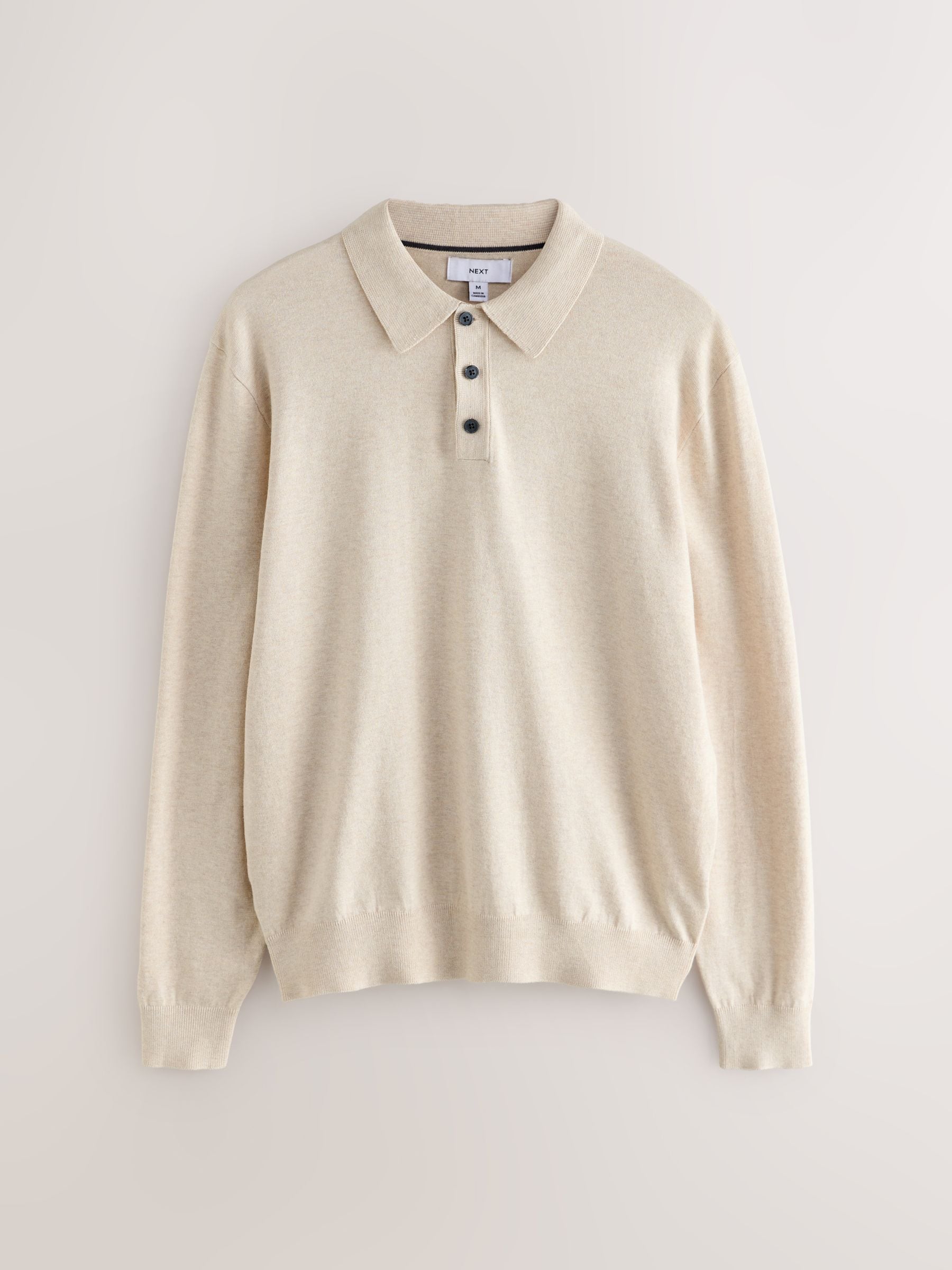 Gemêleerd naturel - Normale Pasvorm - Katoenrijk gebreid poloshirt met lange mouwen