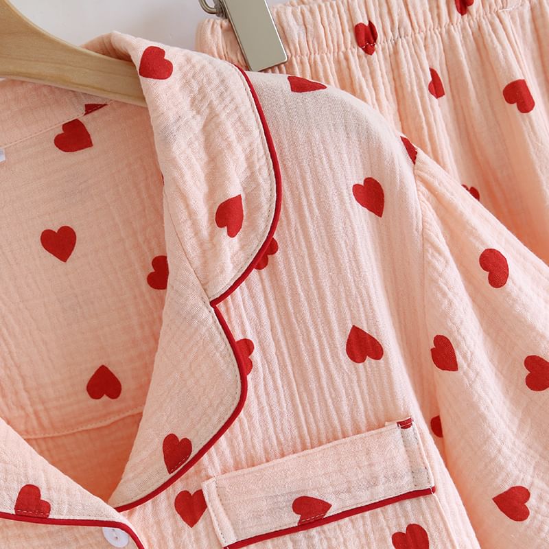 MelMount - Pyjamaset: shirt met korte mouwen en hartjesprint + korte broek + broek