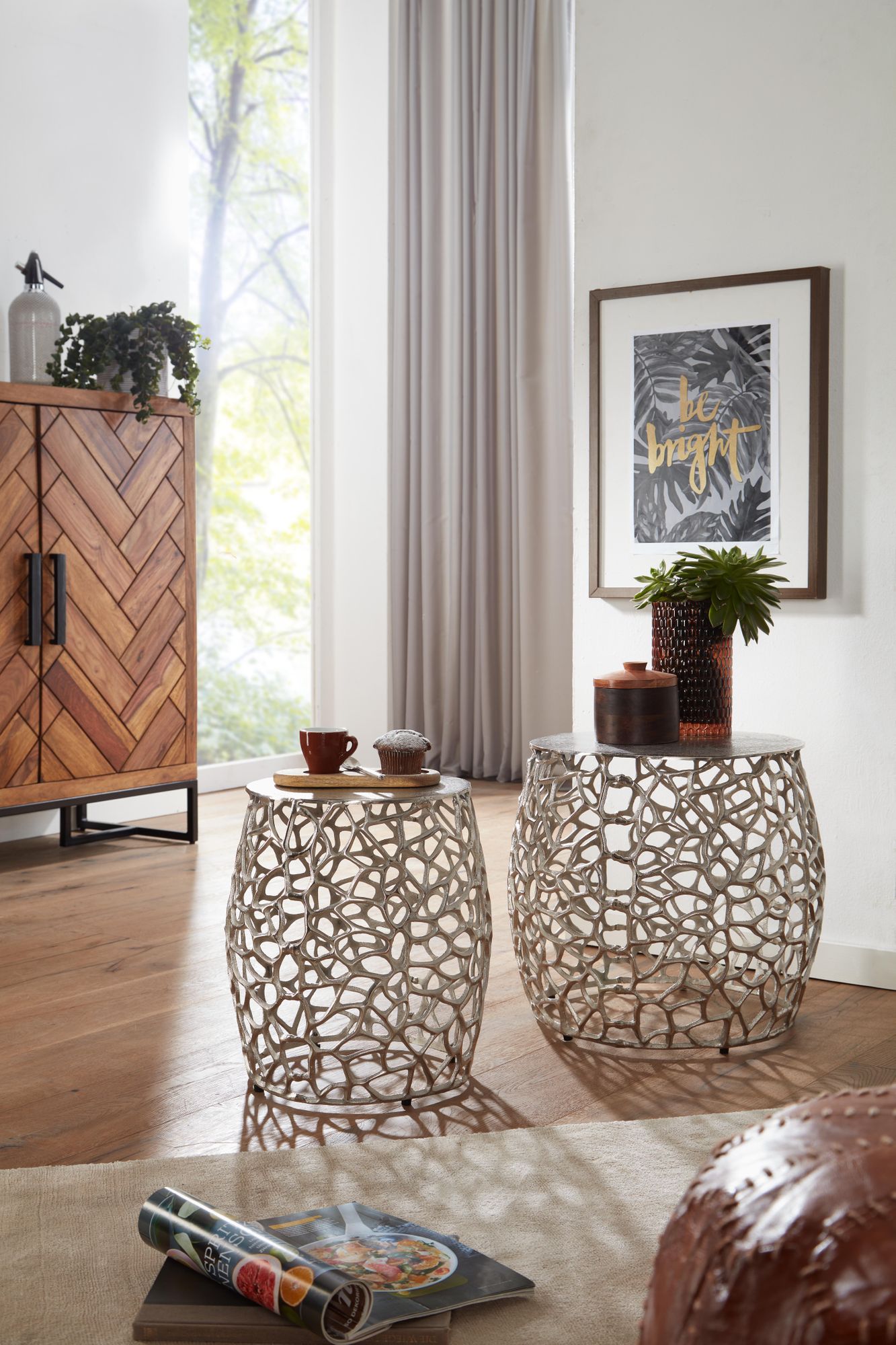 KADIMA DESIGN Silbernes Beistelltisch-Set mit ausgefallener Aststruktur, Aluminium, vielseitig einsetzbar
