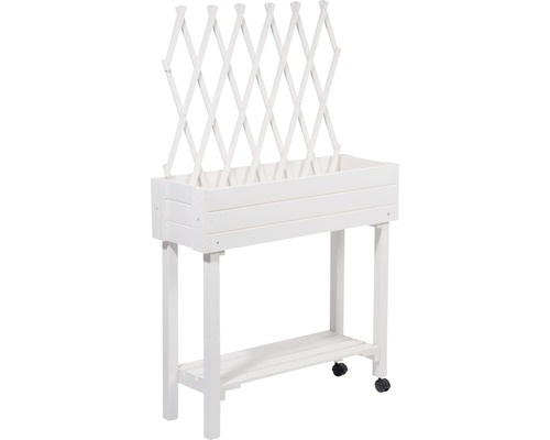 Verhoogd tuinbed op palen met trellis, mobiel, 79 x 28,5 x 130 cm, wit geglazuurd