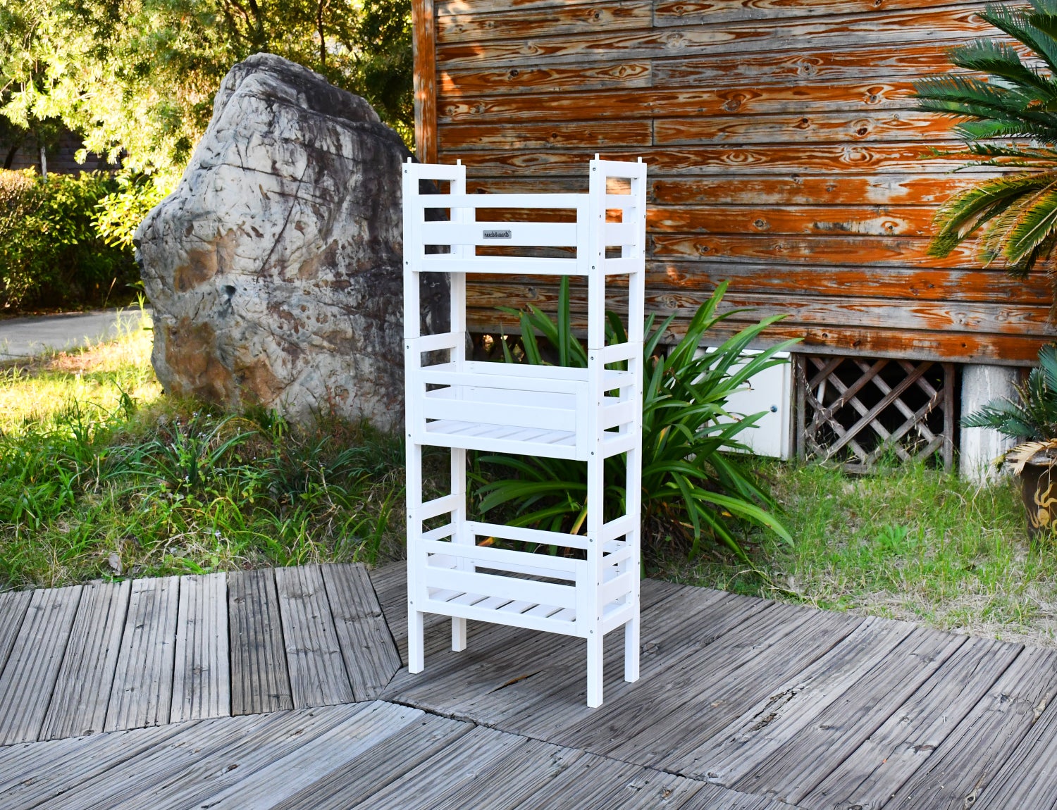 needs&wants® 3-in-1 Multifunctioneel: Houten plantenstandaard/bloemenstandaard, weerbestendig voor binnen- en buitengebruik, balkon/tuin, wandmontage, plantenplank/bloementrap, bijv. 51 x 23 x 122 cm hoog, wit