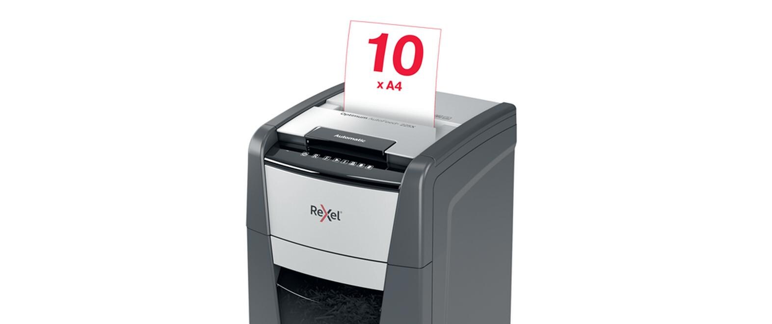 Aktenvernichter Rexel Optimum AutoFeed+ 225X, P-4<br>Automatischer Schredder (auto) für sichere Vernichtung vertraulicher Unterlagen (bis zu 225 Blatt)
