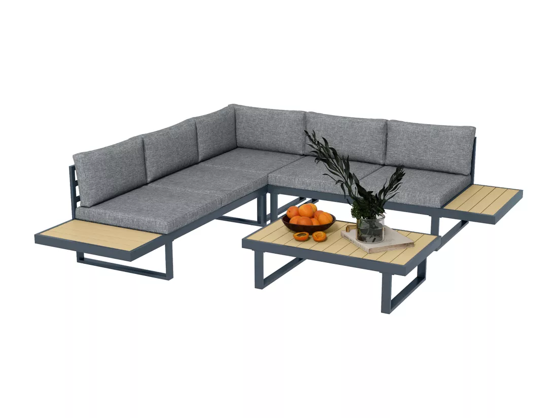 Salon de jardin d'angle 5 places avec table basse coussins alu gris aspect bois