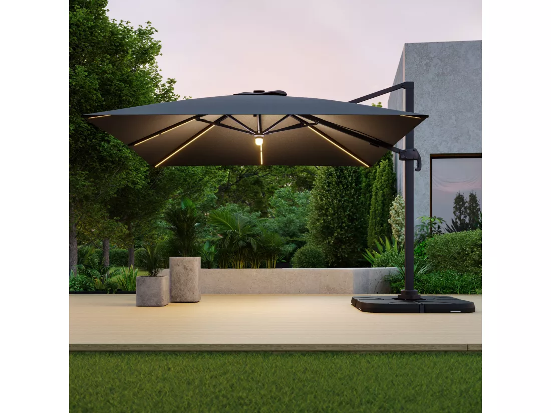 Parasol déporté LED 3x4m rectangle en aluminium + housse - rotatif 360° - Anthracite - ROME