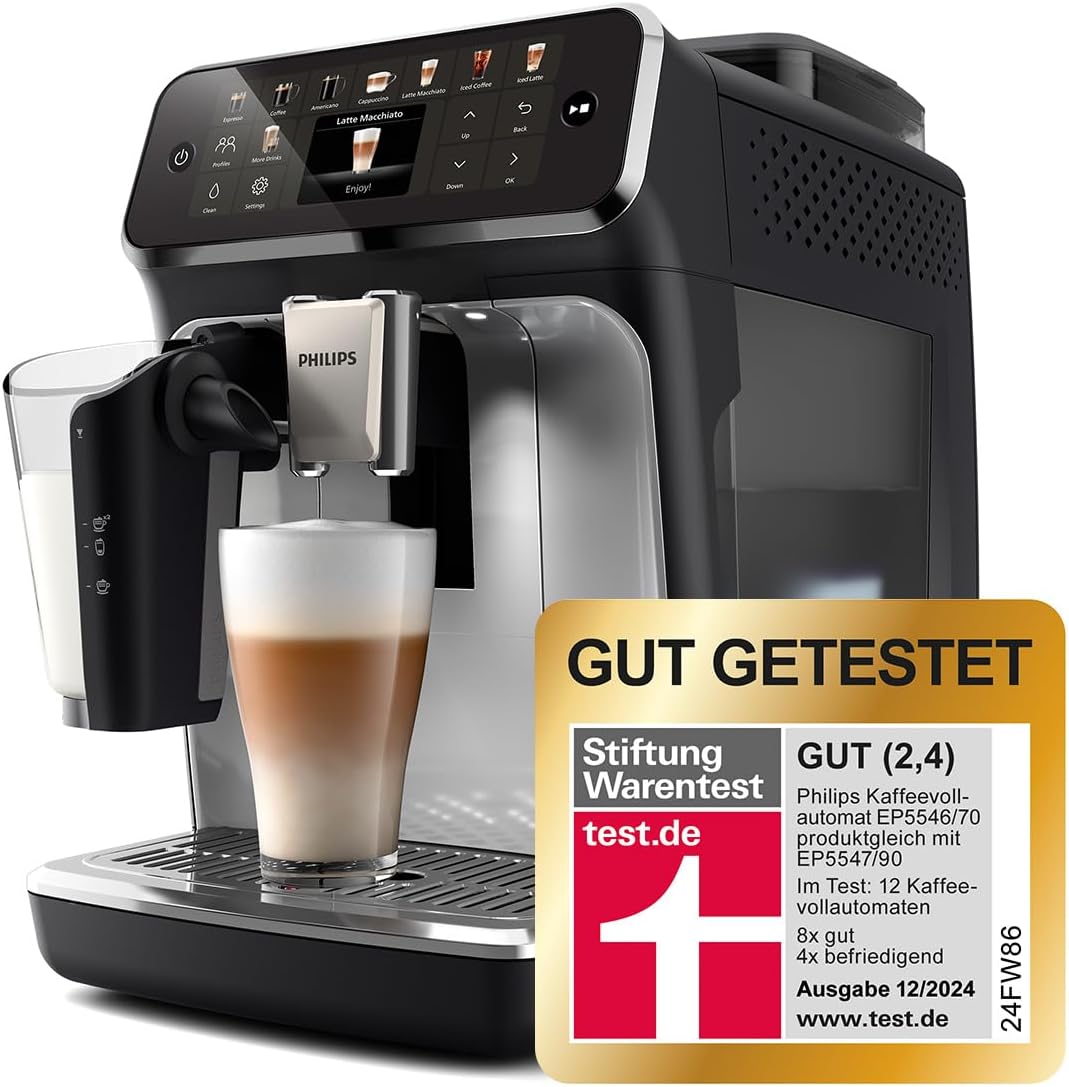 Philips Serie 5500 Kaffeevollautomat – LatteGo Milchsystem, 20 heiße und kalte Kaffeespezialitäten, 40% leiser mit SilentBrew, QuickStart, Schwarz und Silber (EP5546/70)