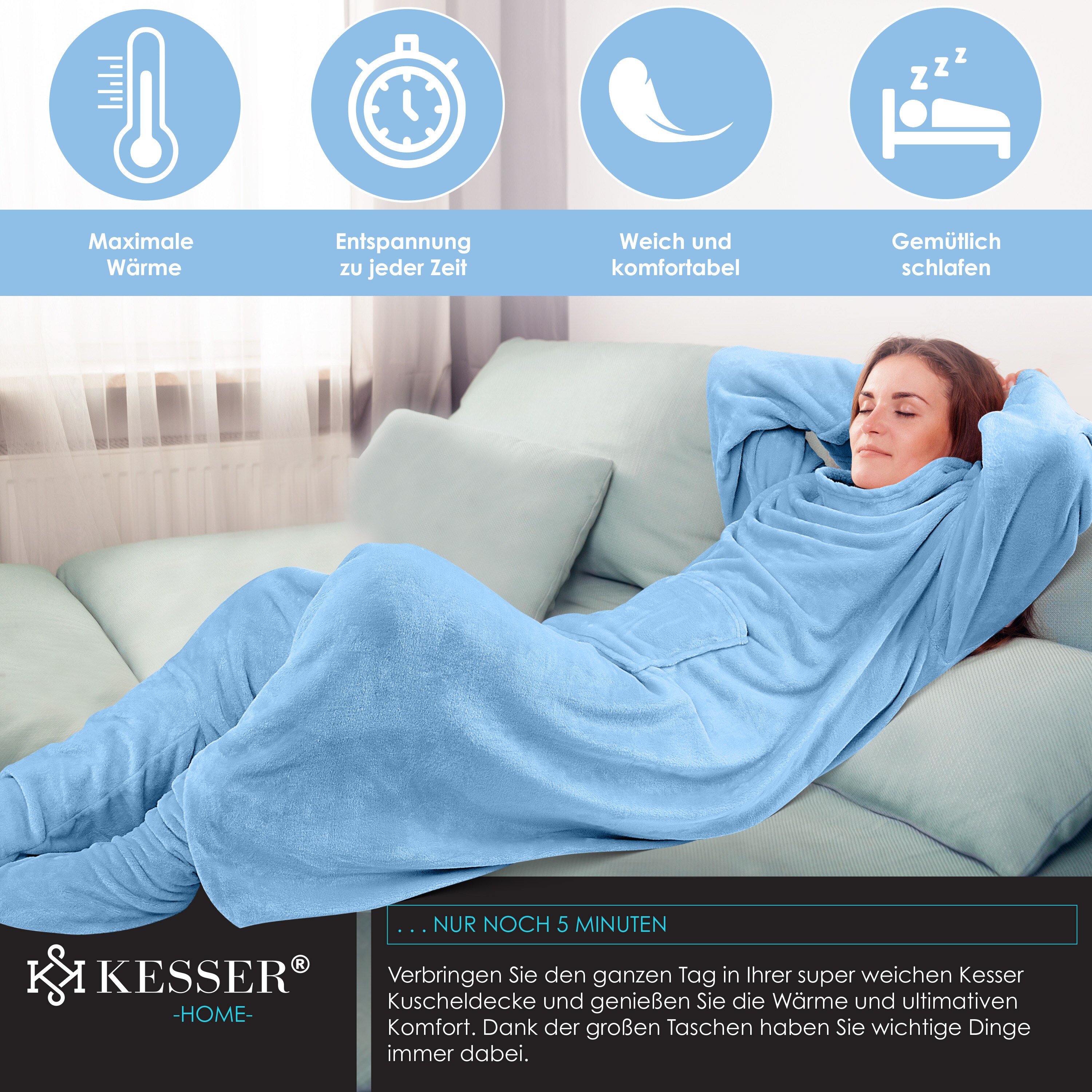KESSER® Kuscheldecke TV Decke mit Ärmeln & Fußtasche Ärmeldecke Extra Weich Ärmeldecke Flauschige Inkl. 2-in-1 Außentasche tragbare Lounge-Decke Tragbar Ganzkörperdecke mit Ärmel
