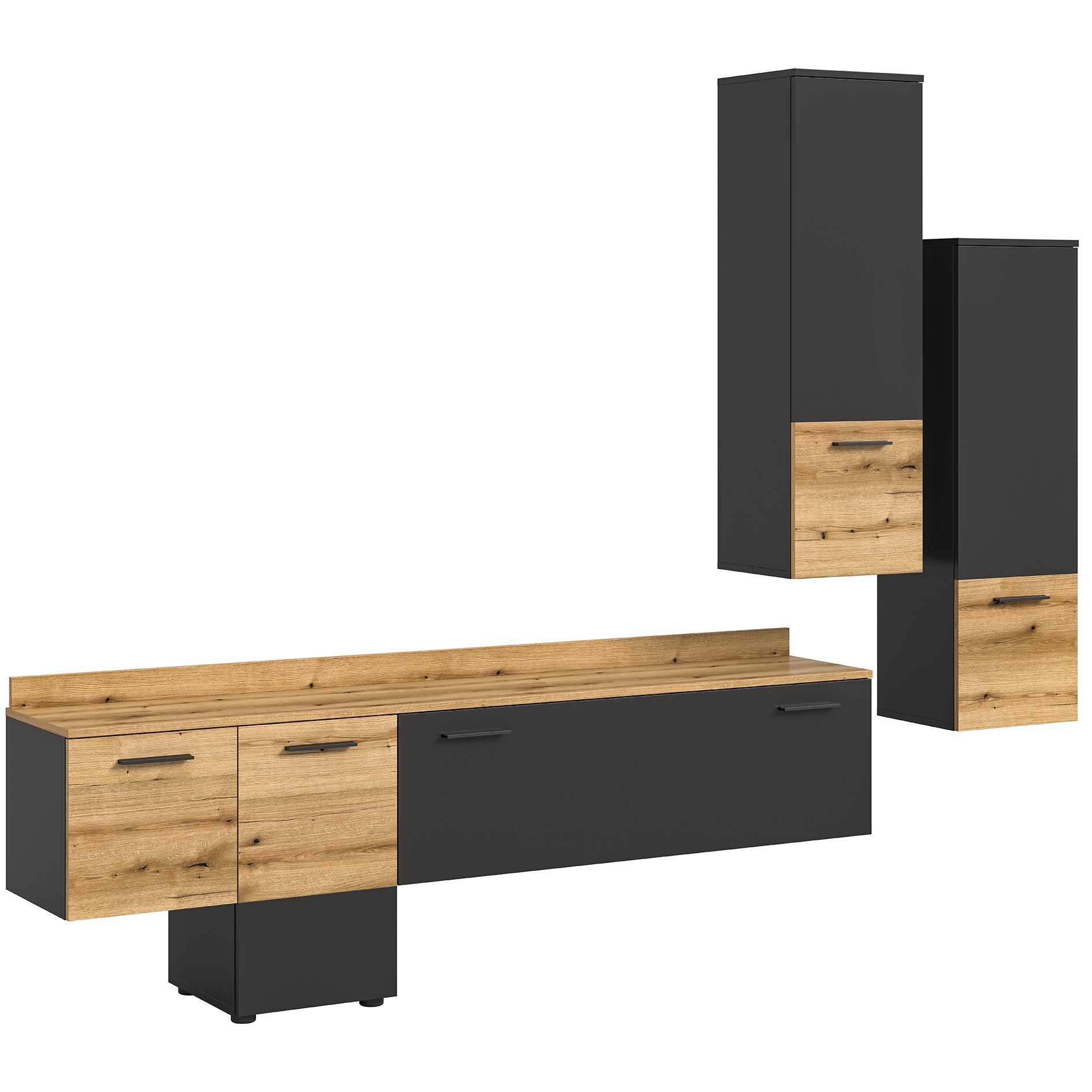 3-teiliges Wohnwand-Set GOAL - grau - Evoke Oak - LED-Beleuchtung