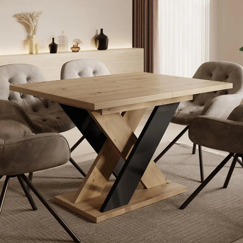 Meubella - Eetkamertafel Xandra - Eiken - Zwart - 160 cm - Uitschuifbaar