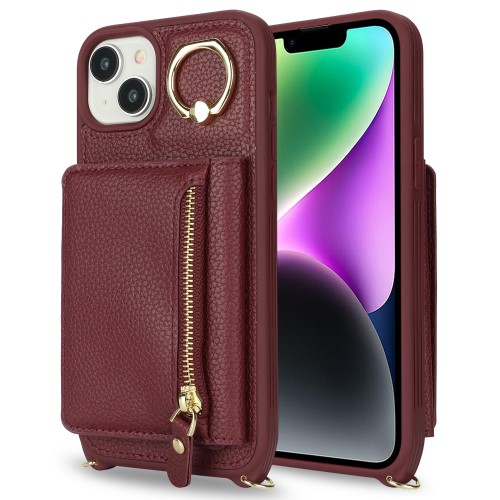 iPhone 14 / iPhone 13 Necklace Leder Hülle mit Münzfach und Kartenfächer   Finger Griff Halterung   Handykette - Weinrot