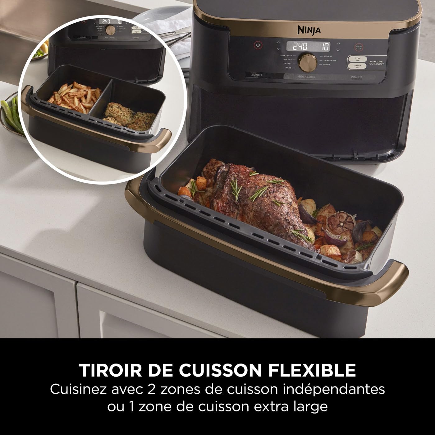NINJA Foodi FlexDrawer Air Fryer, Dual Zone Avec Séparateur Amovible, Grand Tiroir de 10.4 L, 7-en-1, Double Zone, Pièces Antiadhésives Compatibles Au