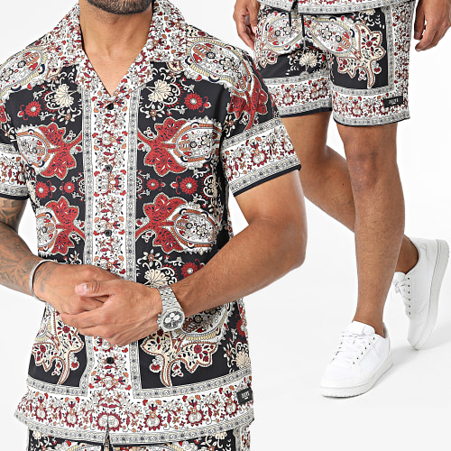 Ensemble Chemise Manches Courtes Et Short Jogging Noir Beige Floral