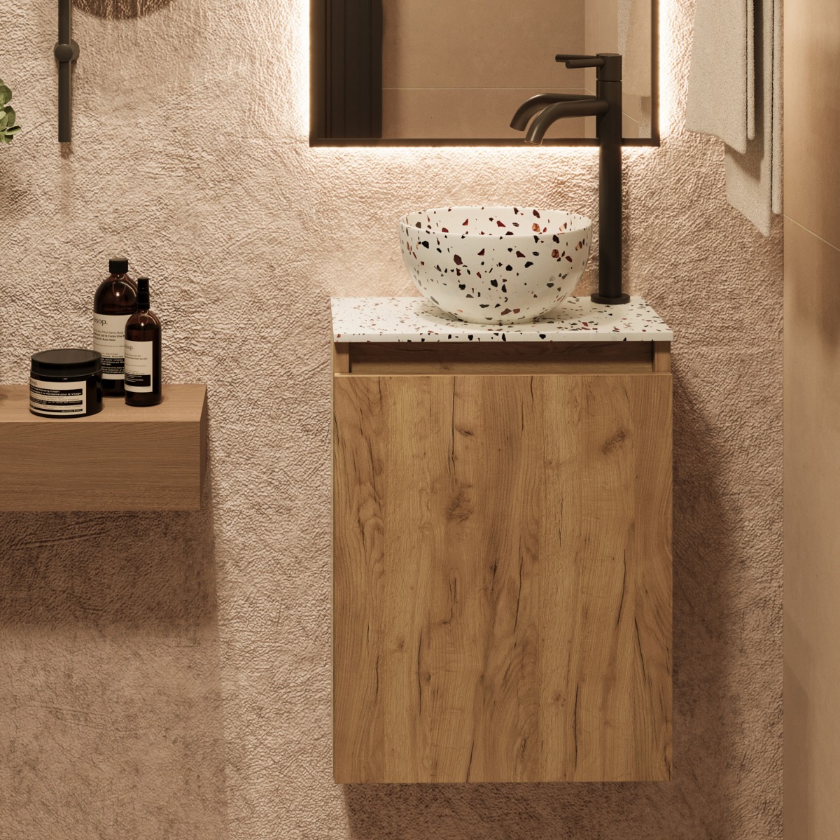 Fontana Terrazzo Micro Marble toiletmeubel 40cm warm eiken