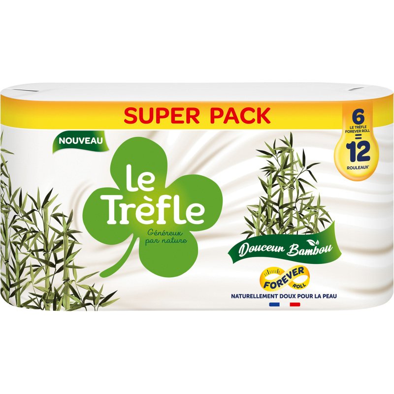 Papier toilette triple épaisseur Le Trèfle Douceur Bambou 12 maxi rouleaux = 24 rouleaux classiques