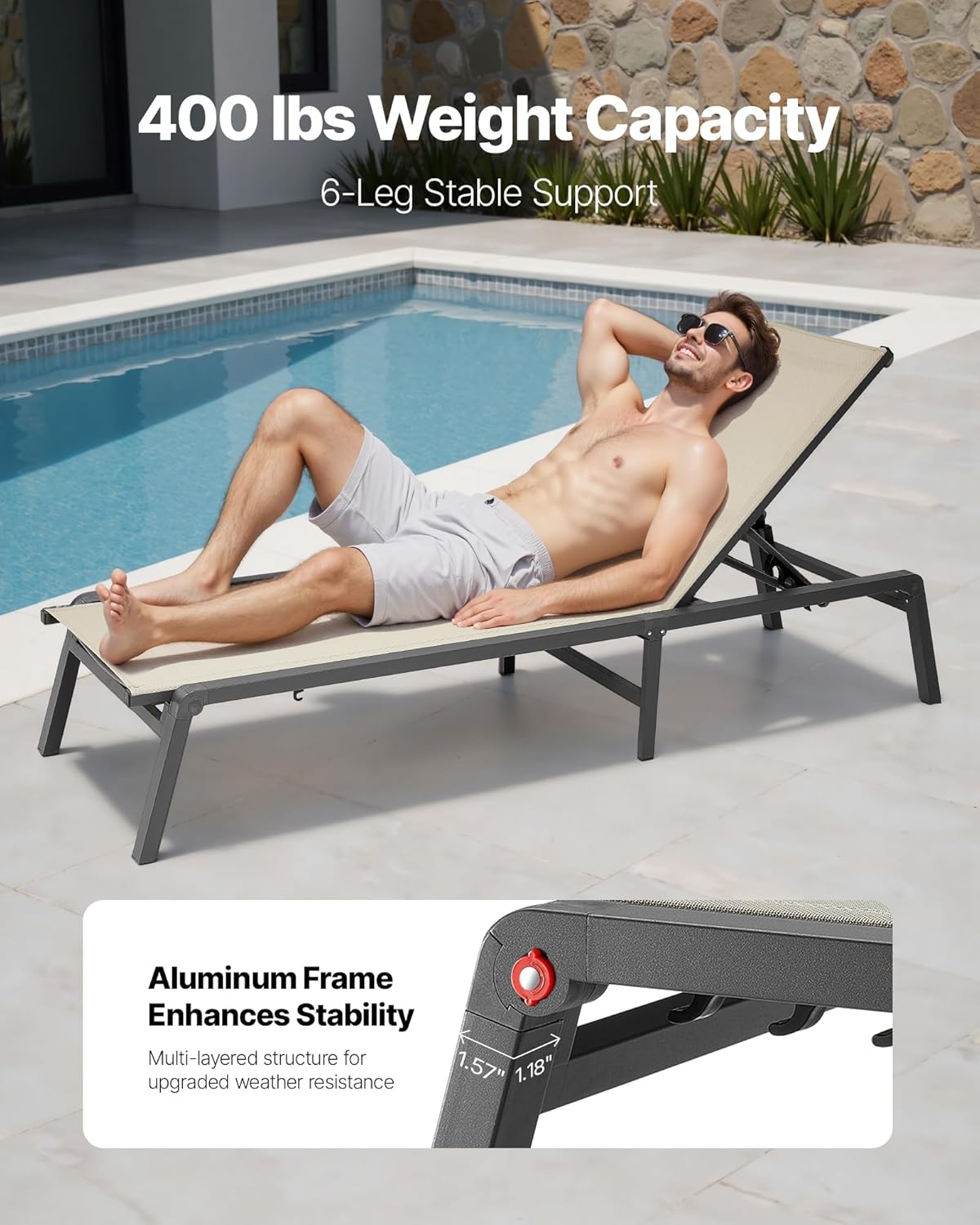 VEVOR Sonnenliege, 181,44 kg Tragkraft, Klappbarer Liegestuhl aus Aluminium, 2er-Set, Gartenliege mit 5 verstellbaren Positionen, Strandliege für Outdoor, Pool, Strand, Terrasse, Patio, Rasen