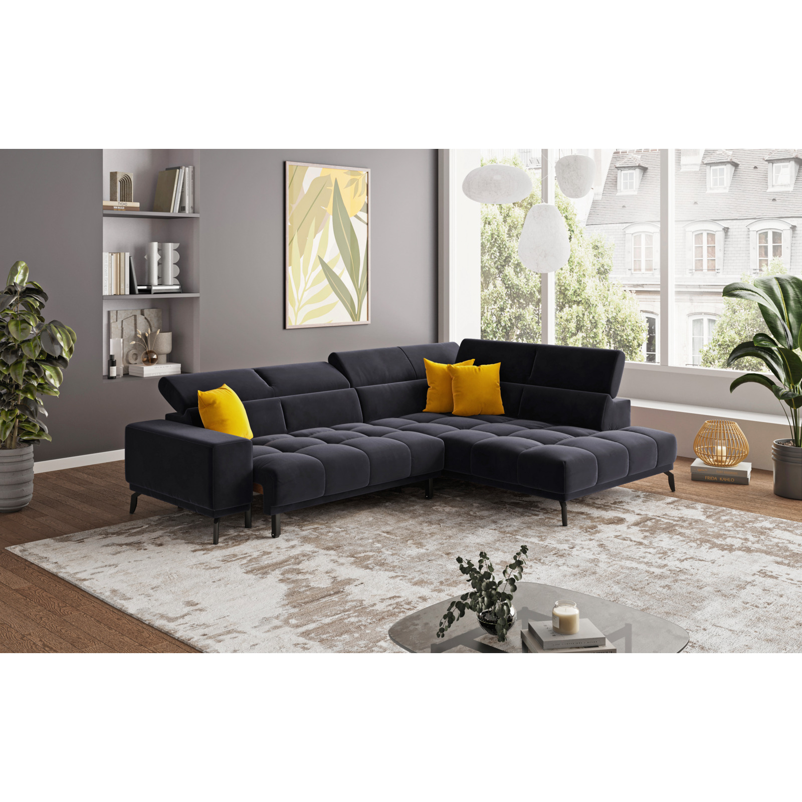 Ecksofa Jamba Stoff schwarz, Ottomane rechts