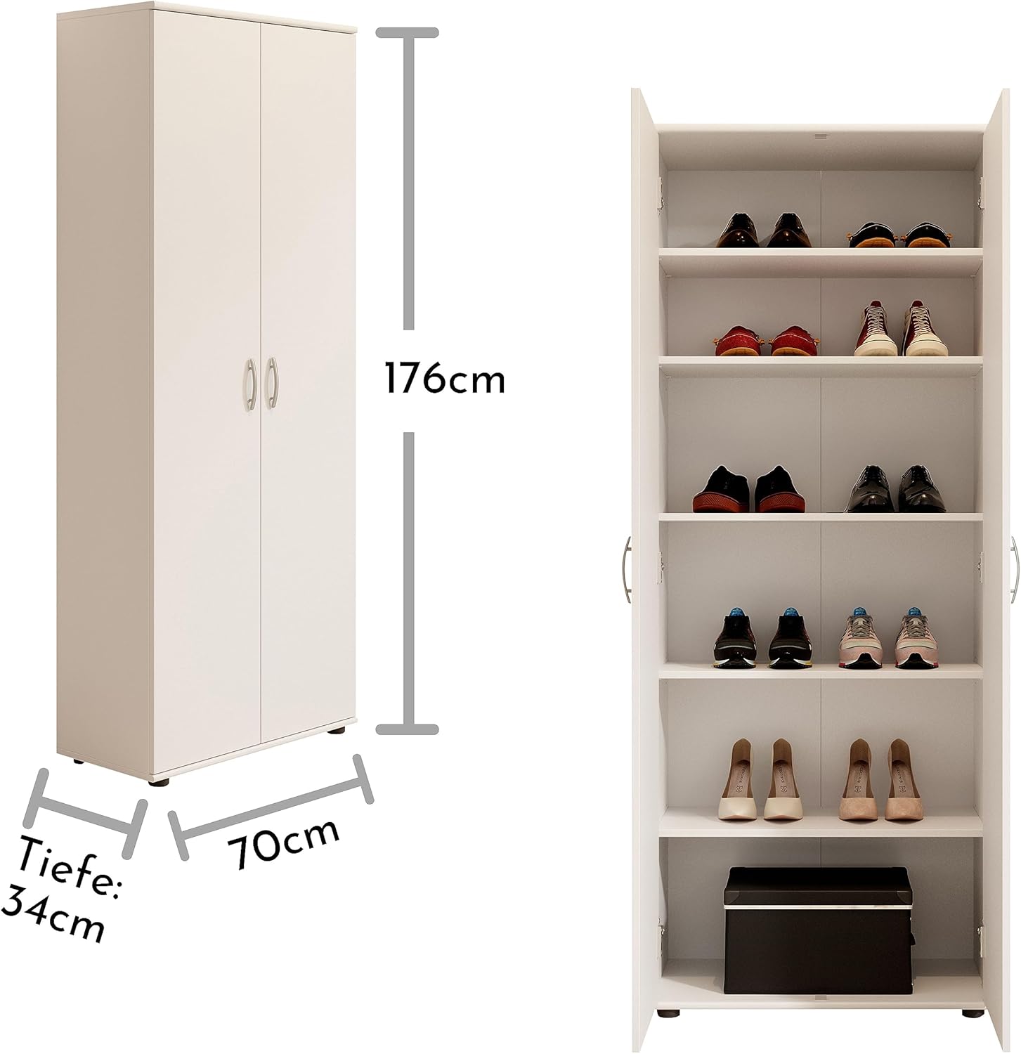 Stella Trading 3 Schuhschrank hoch, Weiß - Vielseitiger Mehrzweckschrank mit verstellbaren Einlegeböden - 70 x 176 x 35 cm (B/H/T)