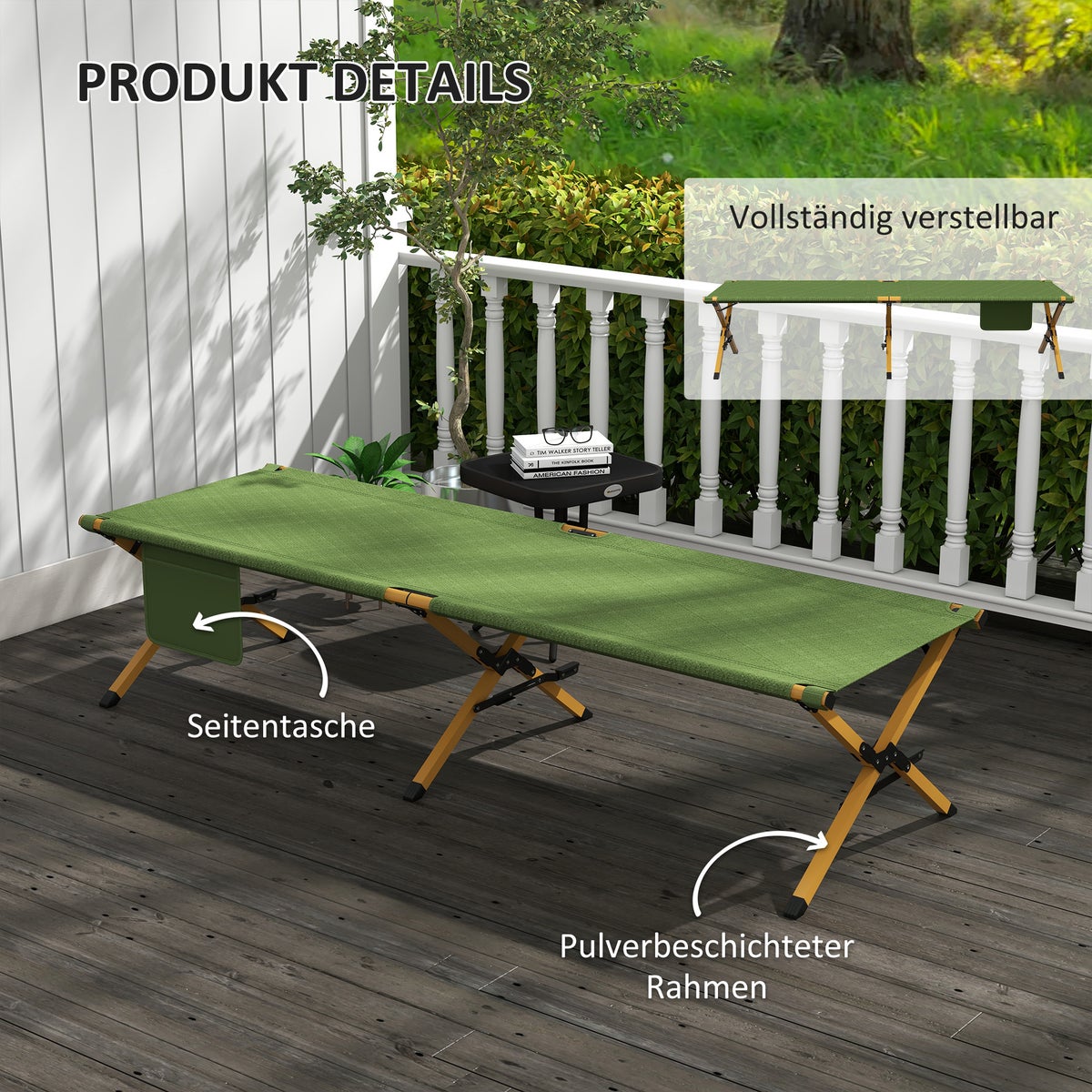 Outsunny ligstoel, tuinligstoel, 196L x 64B x 45Hcm, aluminium, Oxford, donkergroen