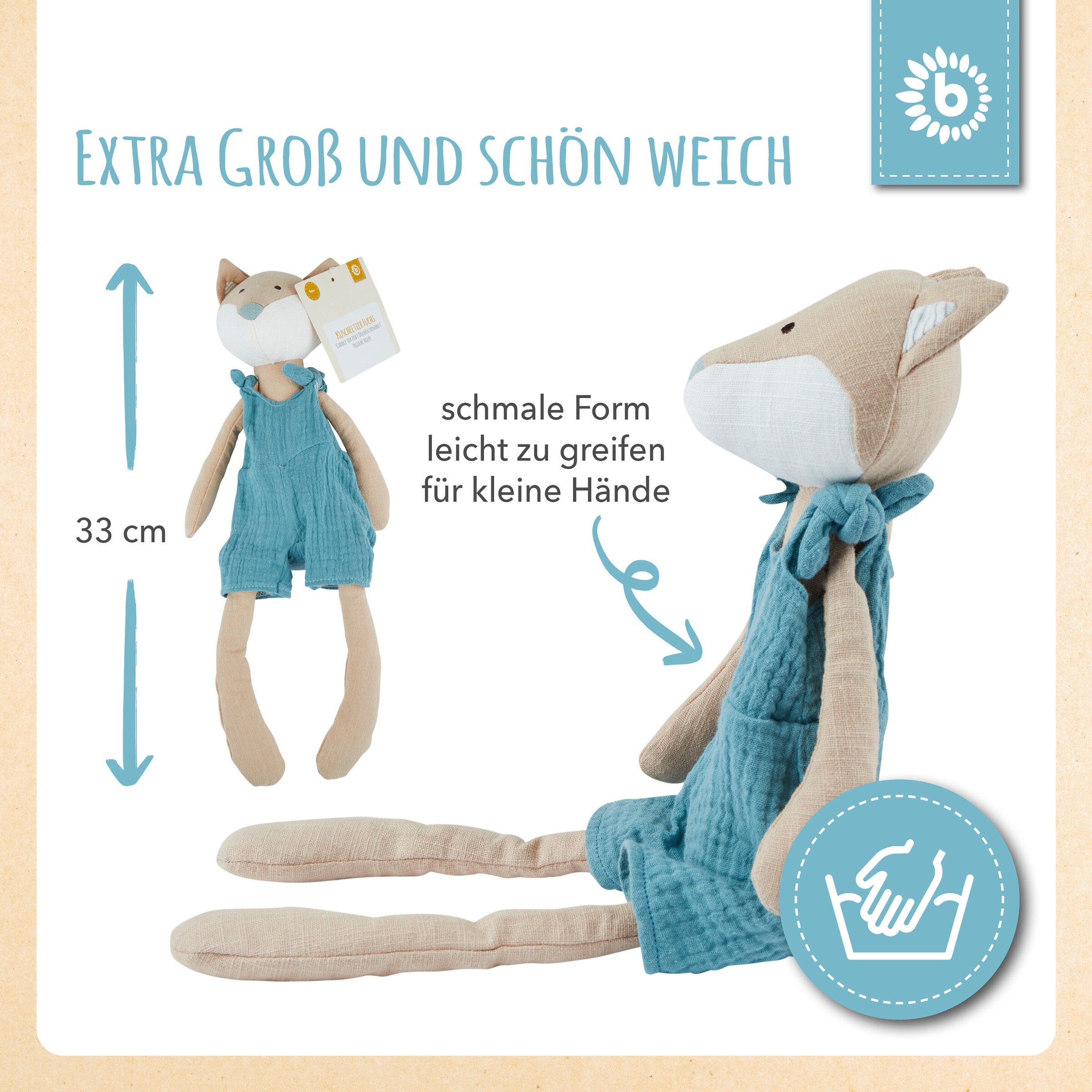 Bieco Kuscheltier aus Leinen & Musselin Fuchs - ab Geburt Blau