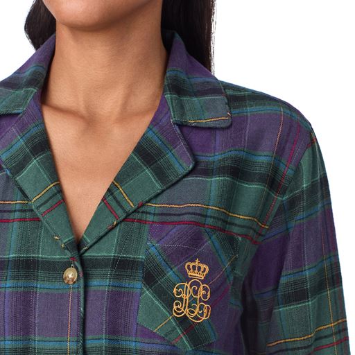 Lauren Ralph Lauren Notch Collar Pyjamassæt, Green Plaid, M