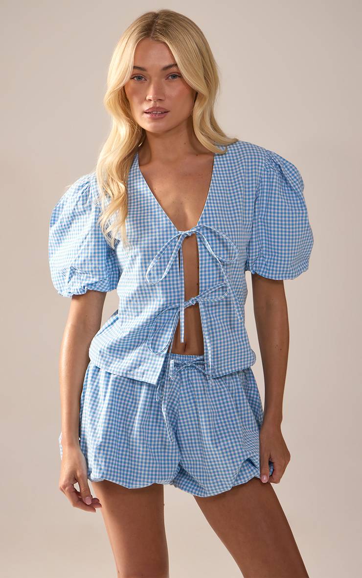 Blue Gingham Ensemble Coordonné Blouse À Manches Bouffantes Avec Détail Noué