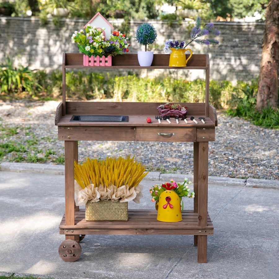 Outsunny Gärtnertisch mit Waschbecken und Rollen braun
