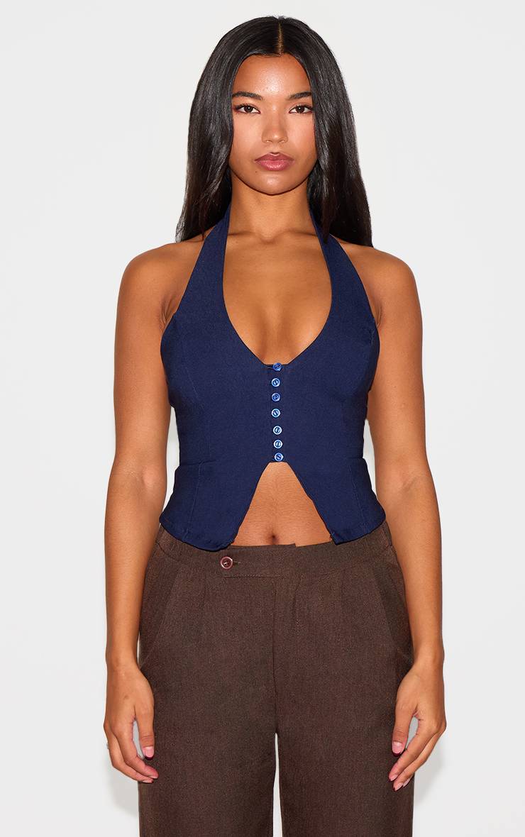 Bleu Marine Top Long Col Licou À Boutons En Bengaline