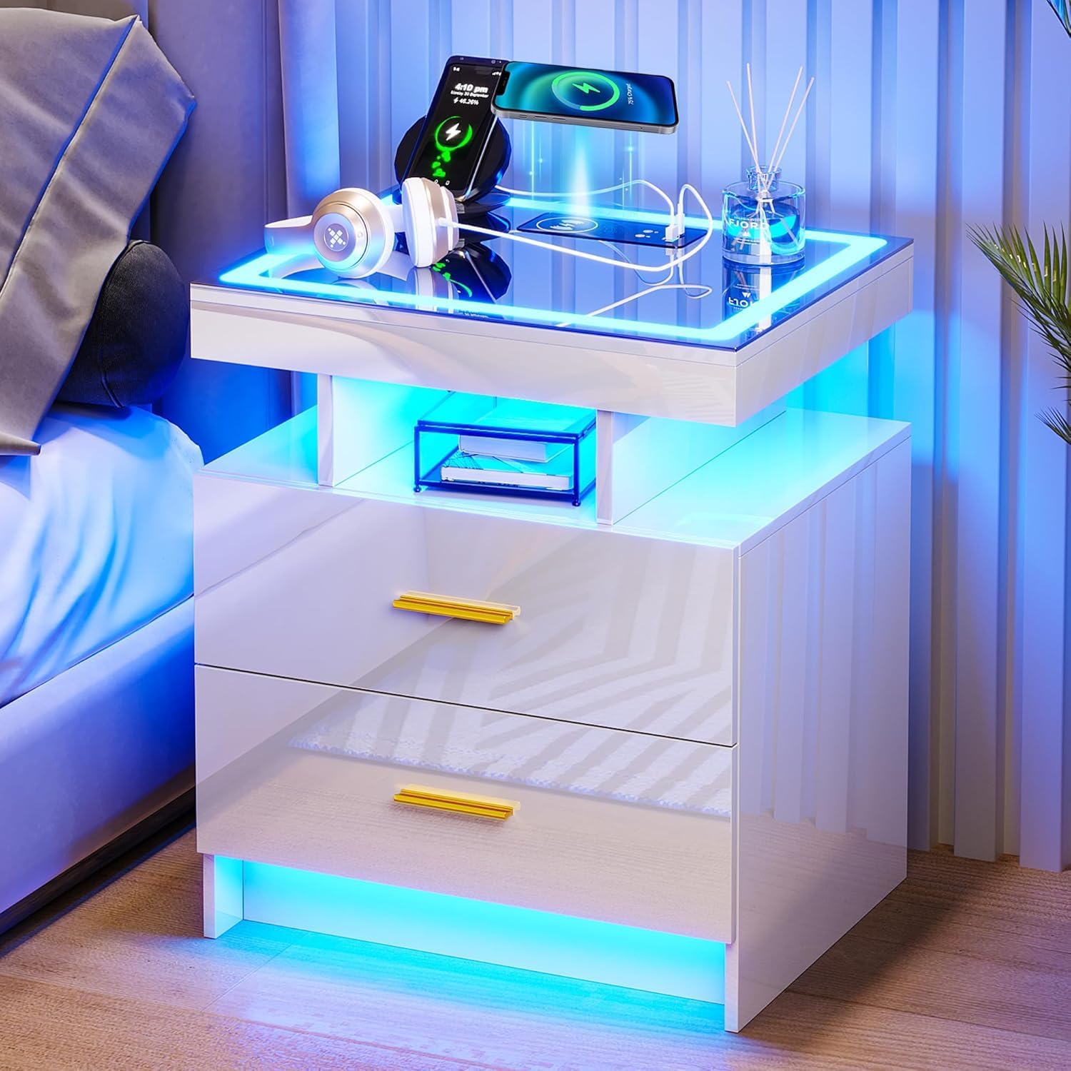 Lvifur LED Hochglanz Nachttisch mit 2 Schublade & LED-Beleuchtung,Nachtschrank mit Intelligent Ladestation,Bedside Table,Night Stand,Nachtkästchen für Schlafzimmer,Wohnzimmer