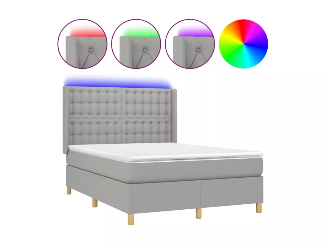 Sommier tapissier et matelas et LED Gris clair 140x190 cm Tissu