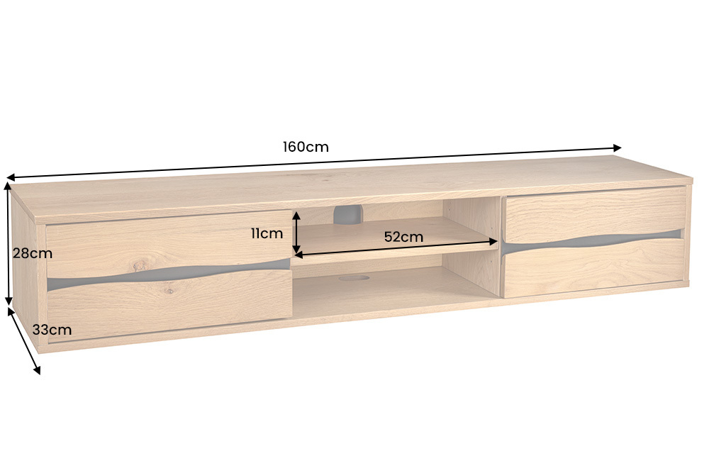 Hängendes TV-Lowboard LIVING EDGE 160cm natur schwarz Wildeiche geölt Baumkante