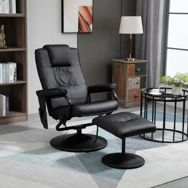 Homcom Poltrona de Massagem Elétrica com Banco para Apoiar os Pés Poltrona Relax Giratório Reclinável em Até 145° com Controle Remoto e 10 Zonas de Massagem Estofado em Pu 77x84x95cm Preto