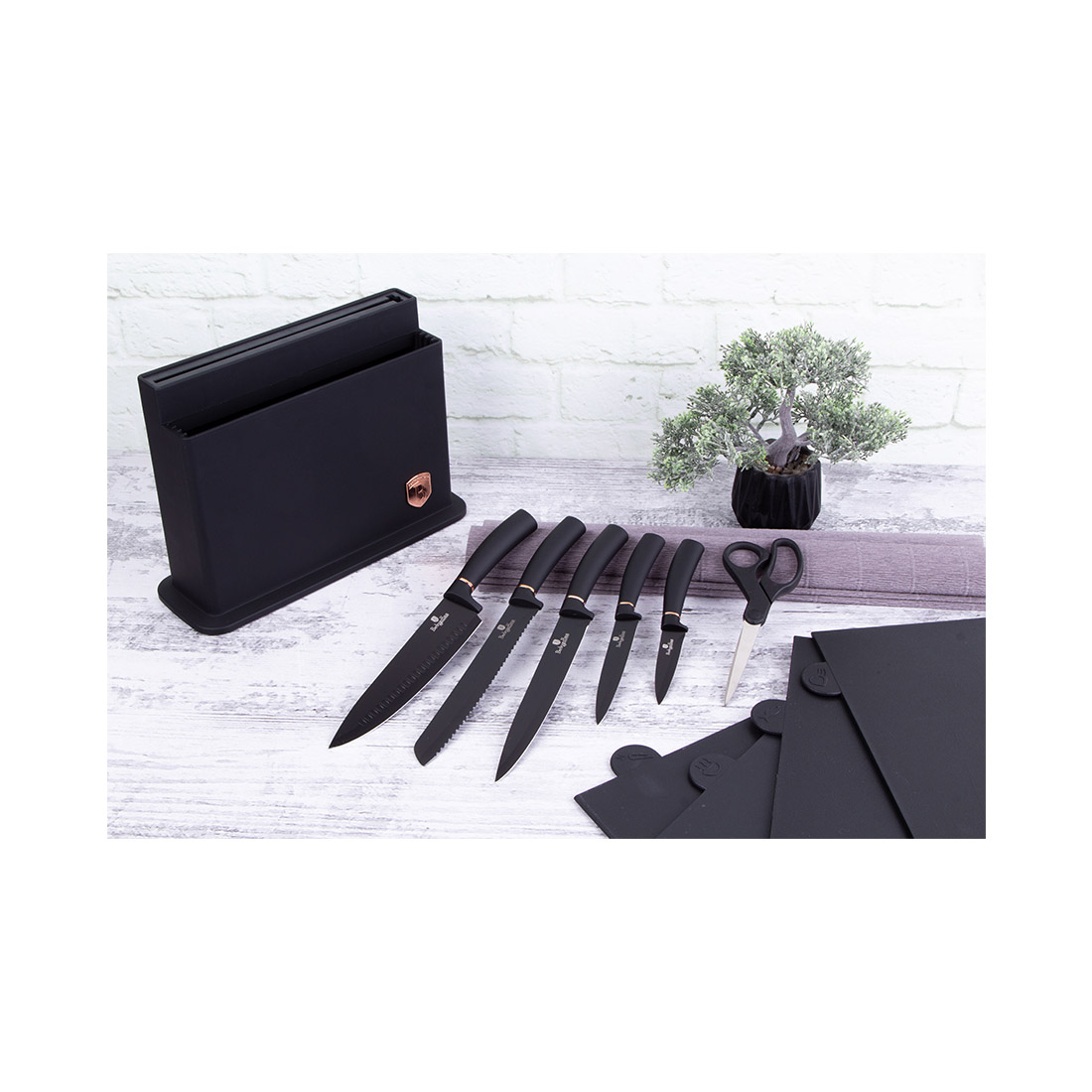 Berlinger Haus 11-teiliges Messer-Set mit Ständer und Schneidebrett Black Rose Collection