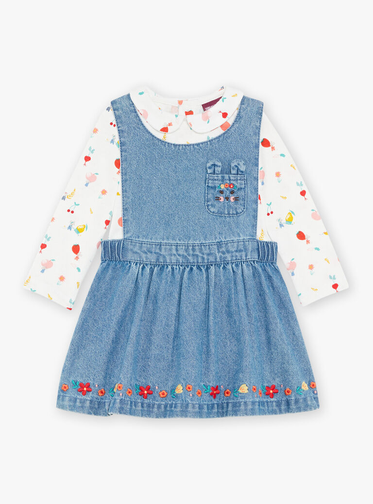 Robe chasuble en jean bleu et body écru