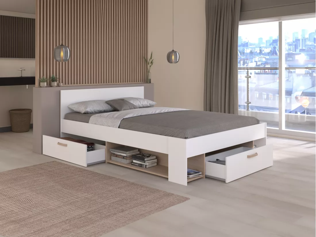 Lit 140 x 190/200 cm avec rangements - Blanc et naturel + Sommier + Matelas - KINSELIA
