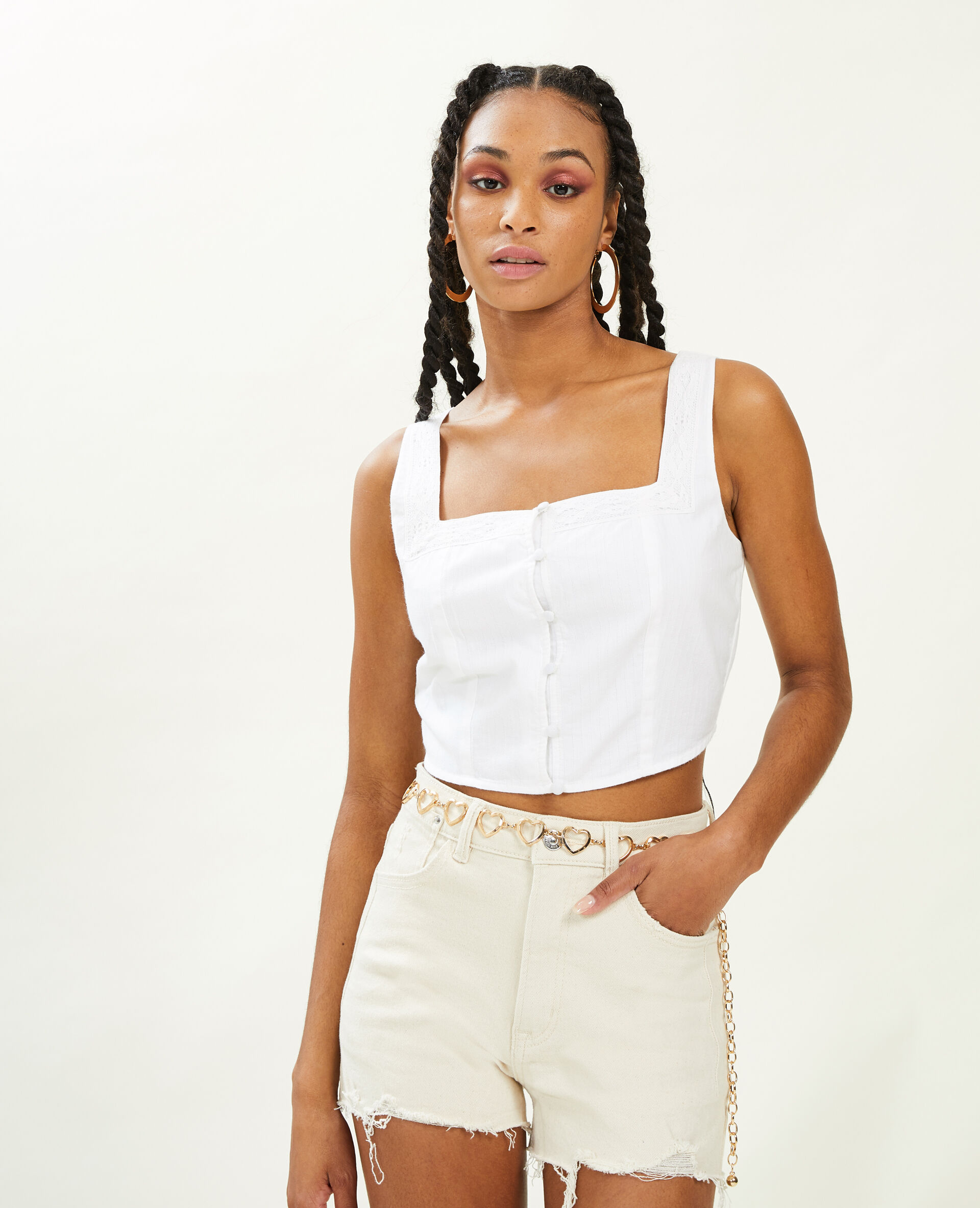 Top court avec boutons et dentelle - Blanc