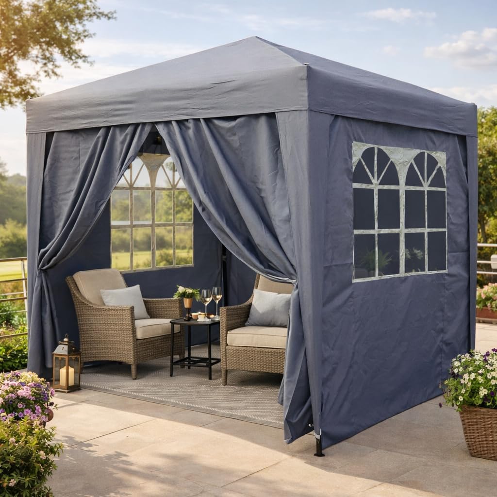 QUICK STAR Pop-Up-Pavillon 2,5 x 2,5 m Smoky Grau mit 4 Easy-Klett Seitenwänden mit 2 Reißverschlüssen.