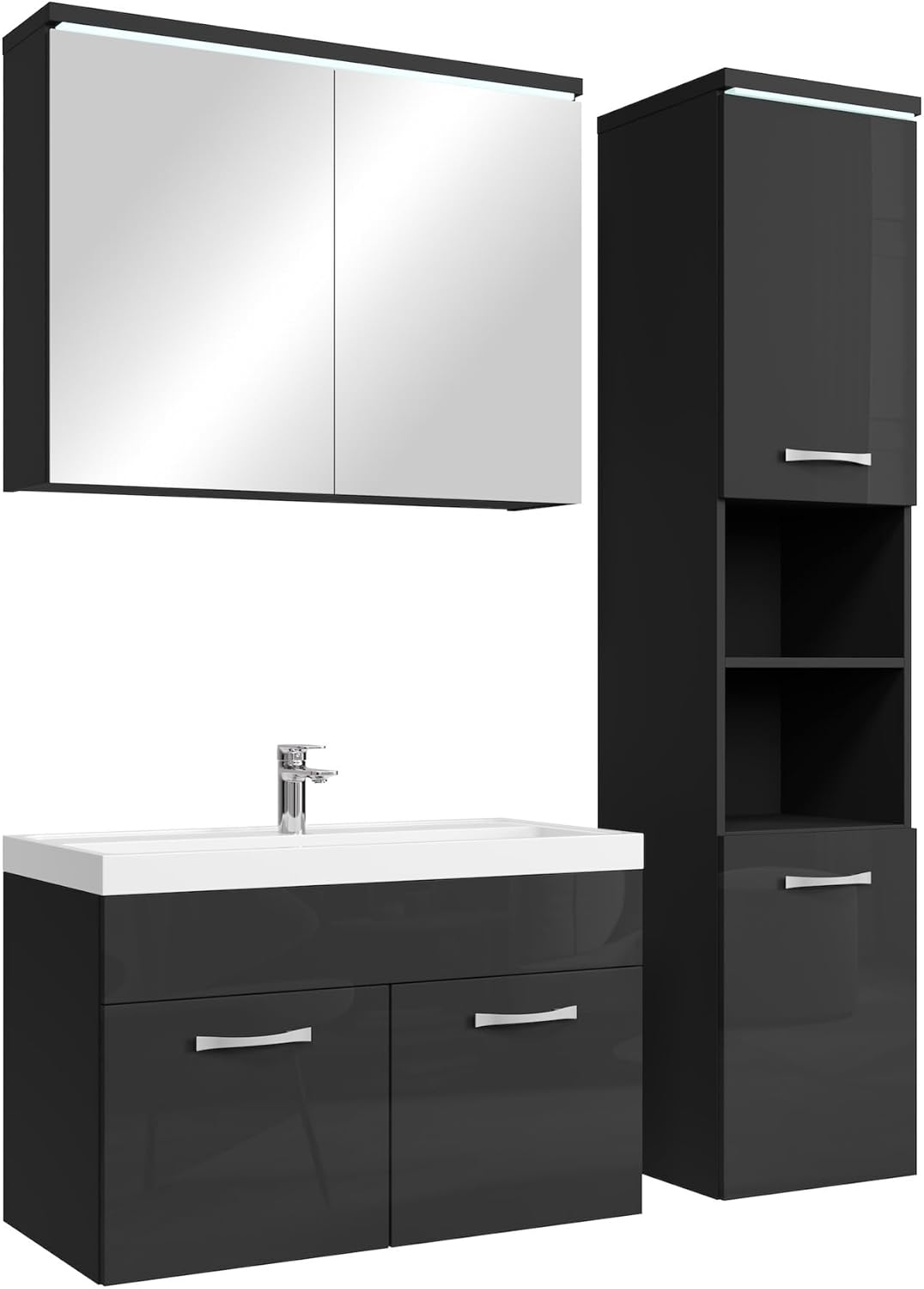 Badplaats Badmöbel Komplettset Paso LED 80 x 40 cm Schwarz Hochglanz - Badezimmermöbel mit Waschbecken, Spiegelschrank und Badezimmerschrank